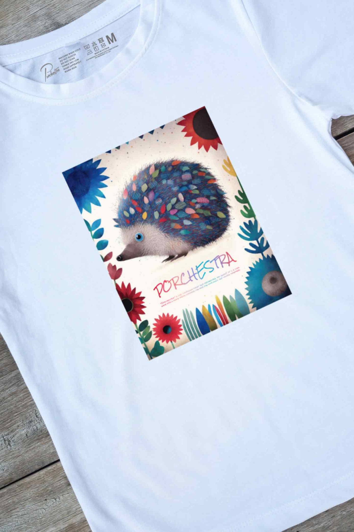 【PORCHESTRA】優しさに包まれる一枚!/フラワー・ヘッジホッグ・ストーリーTシャツ - Flower Hedgehog Story Tee /cotton 100%/size:XS-XXL