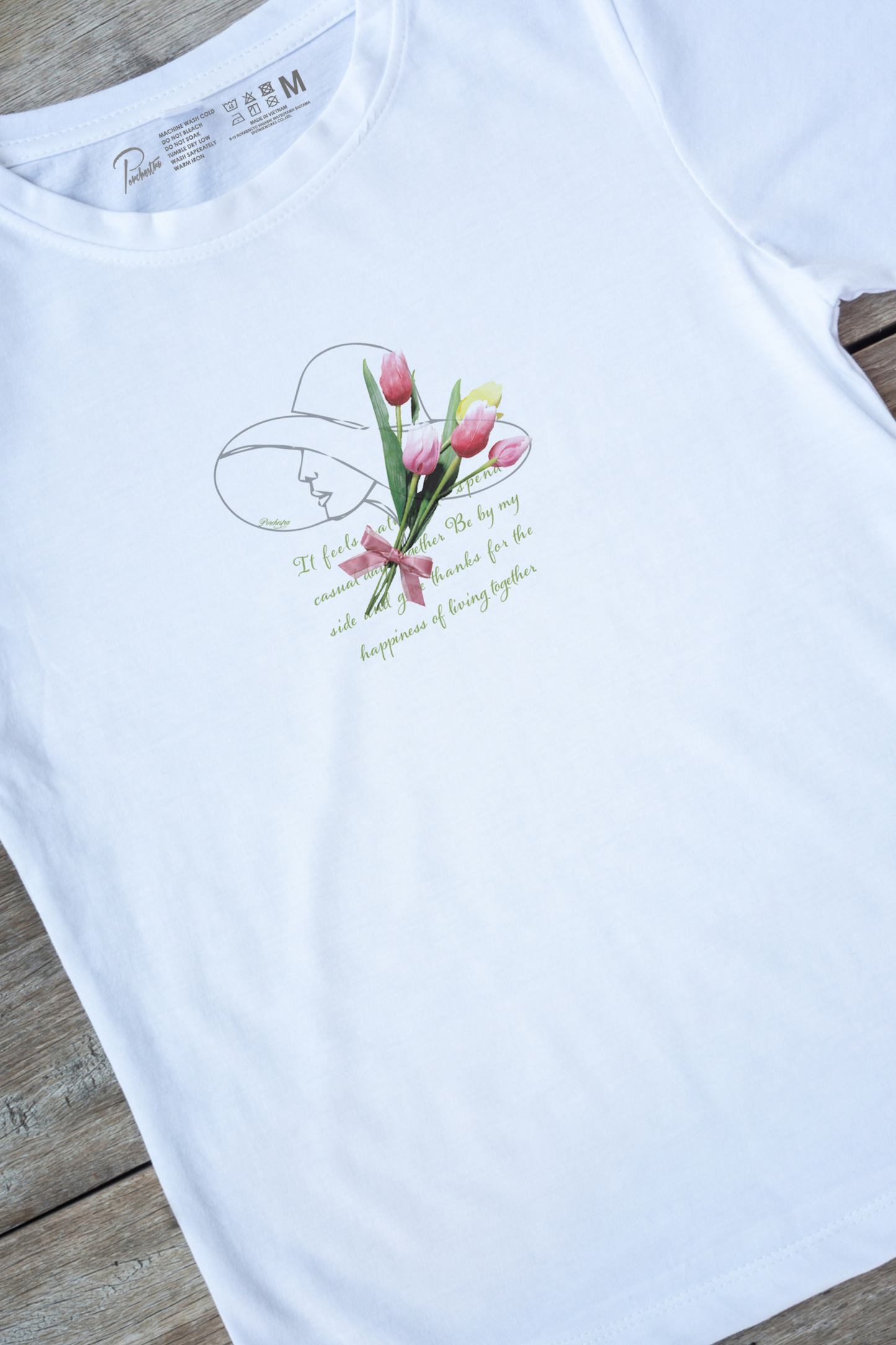 【PORCHESTRA】大人の魅力を引き出す花束Tシャツ!/チューリップと一筆書きの女性Tシャツ -Tulip and One Line Woman Tee/cotton 100%/size:XS-XXL
