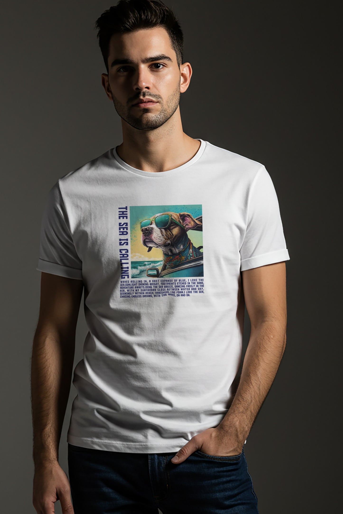 【THE GREEN】アイキャッチングな一枚！/ サングラス・ドッグ・シービューTシャツ - Sunglass Dog Sea View Tee /cotton 100%/size:XS-XXL