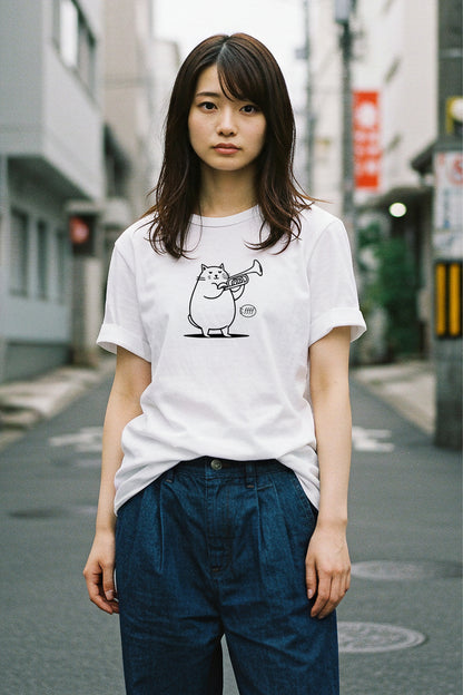 【ffff】心が和む名品！/トランペット・キャット・ハーモニーTシャツ - Trumpet Cat Harmony Tee/cotton 100%/size:XS-XXL