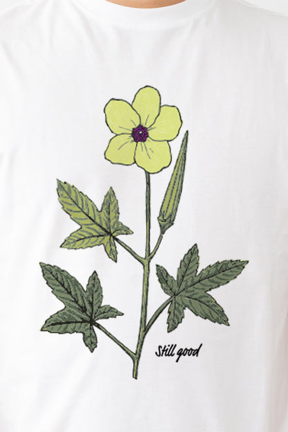 【Still good!】爽やかなデザイン！オクラの花Tシャツ -Okra Frower Tee/cotton 100%/size:S-XXL