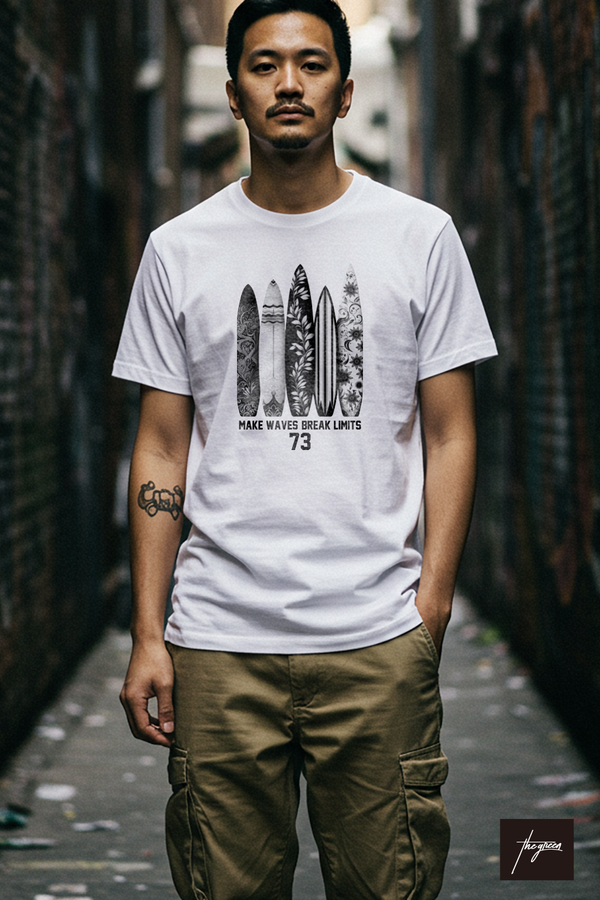 【THE GREEN】サーファーが愛する1枚！/サーフボード・モノクロ・フォト風Tシャツ - Surfboard Monochrome Photo Style Tee/cotton 100%/size:XS-XXL