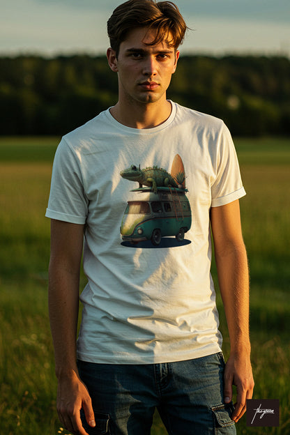 【THE GREEN】夏の楽しさ満点！/サーフィン・ワニワゴンTシャツ -Surfing Croco Wagon Tee/cotton 100%/size:XS-XXL