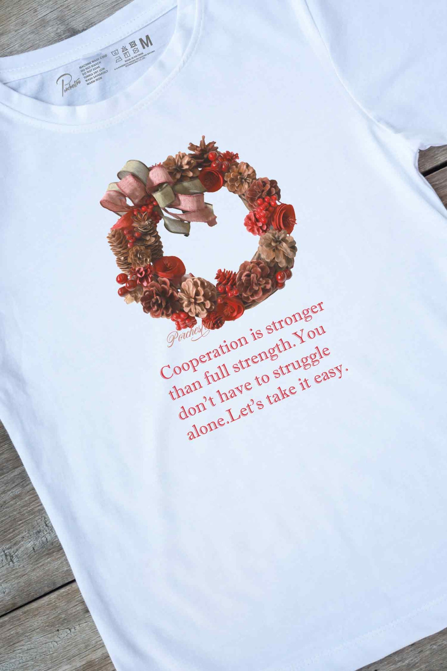 【PORCHESTRA】クリスマスだけじゃない！/クリスマスリース油彩画風Tシャツ - Christmas Wreath Oil Painting Style Tee /cotton 100%/size:XS-XXL