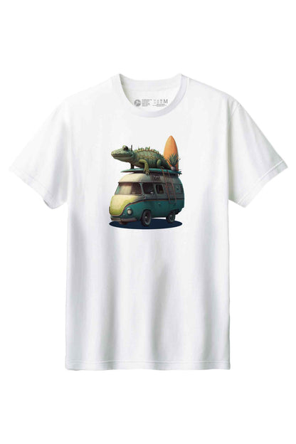 【THE GREEN】夏の楽しさ満点！/サーフィン・ワニワゴンTシャツ -Surfing Croco Wagon Tee/cotton 100%/size:XS-XXL