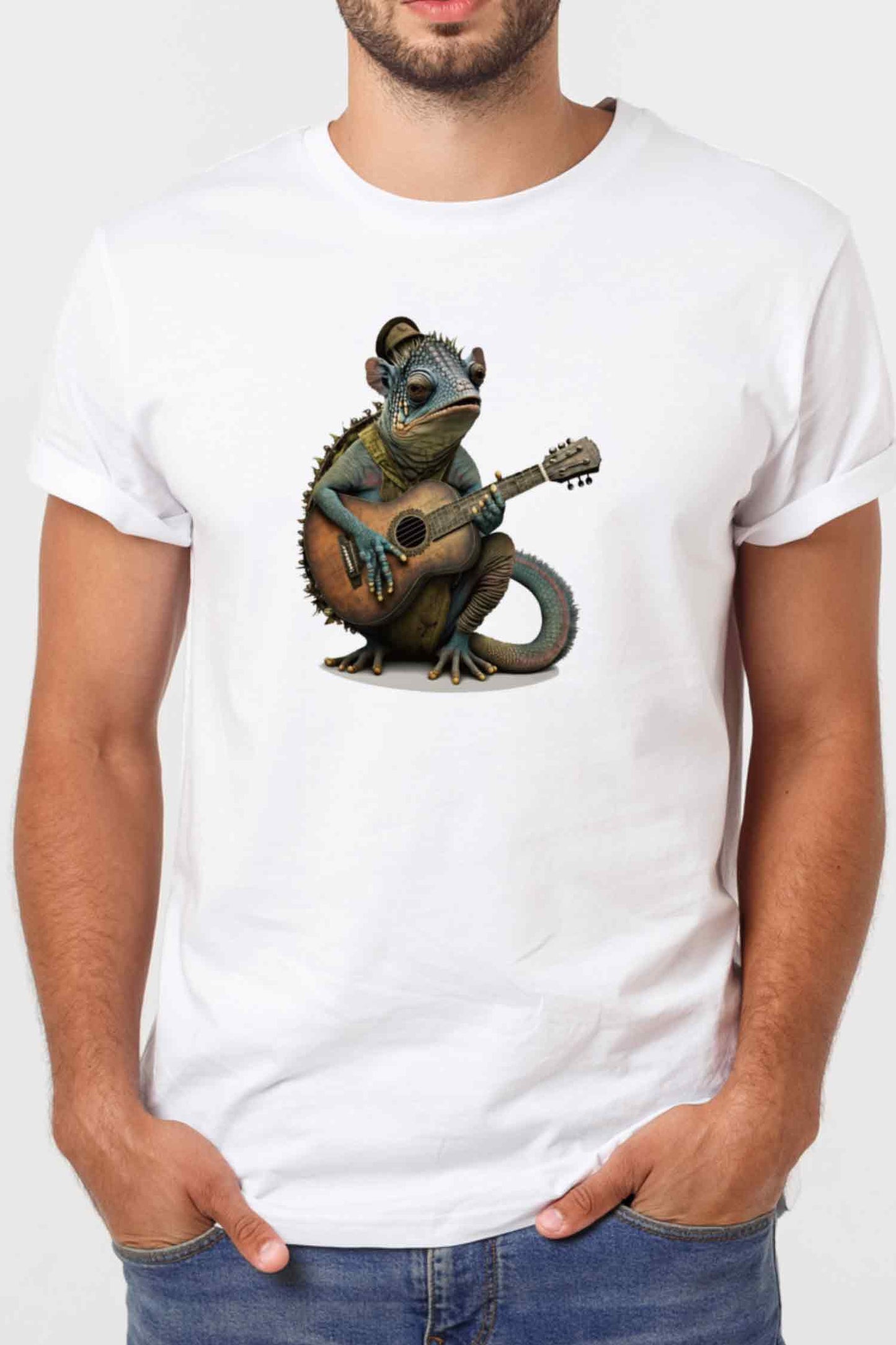 【THE GREEN】ギター好きには必見！/ギタープレイ・カメレオンTシャツ -Guitar Playing Chameleon Tee/cotton 100%/size:XS-XXL