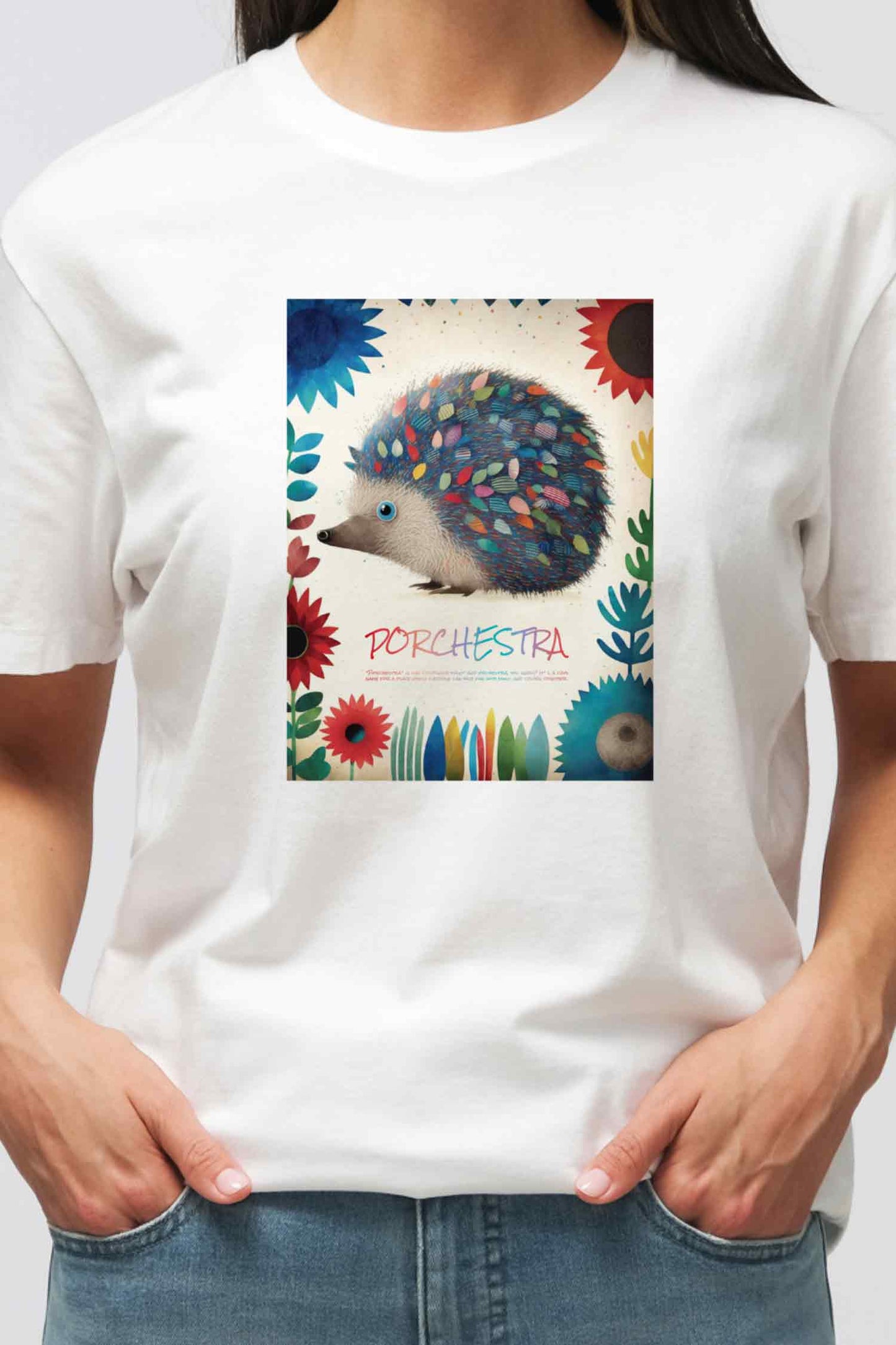 【PORCHESTRA】優しさに包まれる一枚！/フラワー・ヘッジホッグ・ストーリーTシャツ - Flower Hedgehog Story Tee /cotton 100%/size:XS-XXL