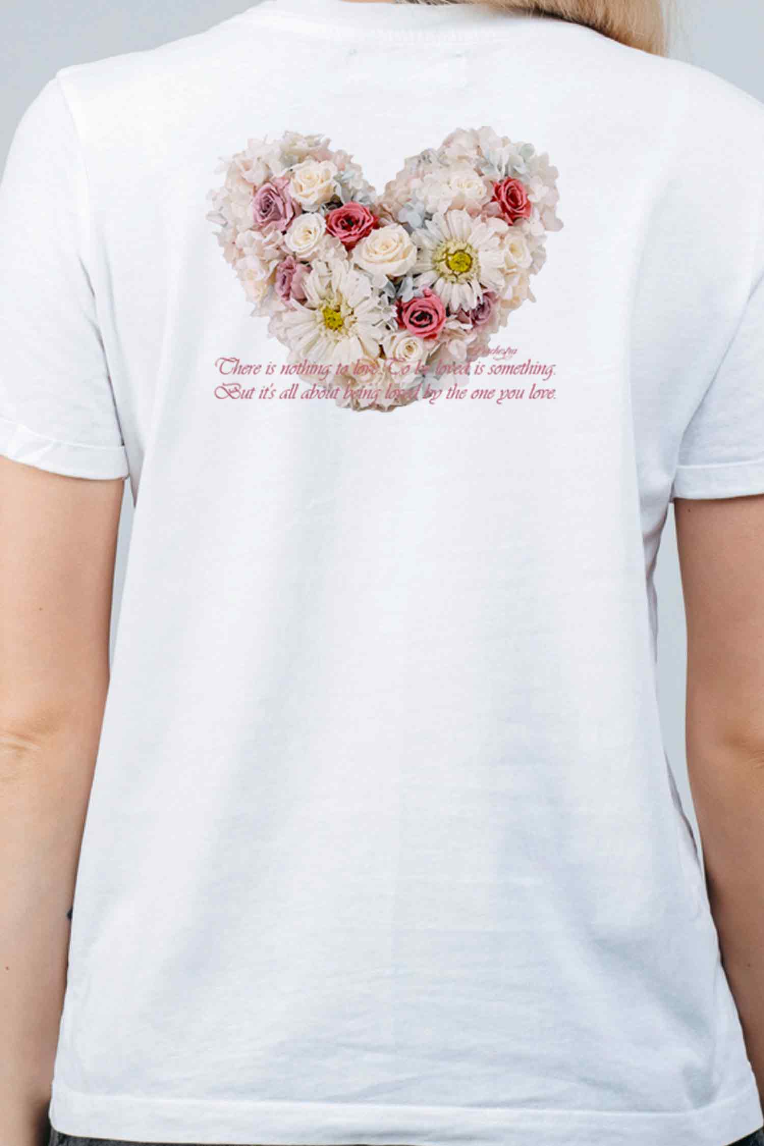 【PORCHESTRA】ロマンチックな一枚！/フラワーハートフォト風バックプリントTシャツ - Floral Heart Photo Style  Back Print Tee /cotton 100%/size:XS-XXL