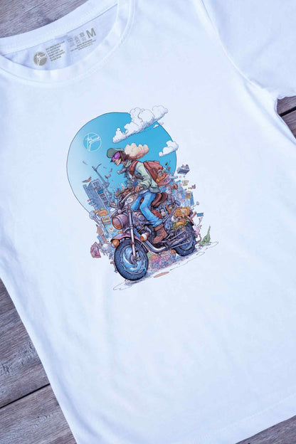 【THE GREEN】魅力あふれる一枚！/ カスタム・バイク・アドベンチャーTシャツ - Custom Bike Adventure Tee /cotton 100%/size:XS-XXL