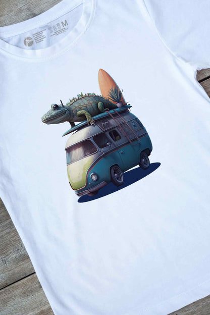 【THE GREEN】夏の楽しさ満点！/サーフィン・ワニワゴンTシャツ -Surfing Croco Wagon Tee/cotton 100%/size:XS-XXL