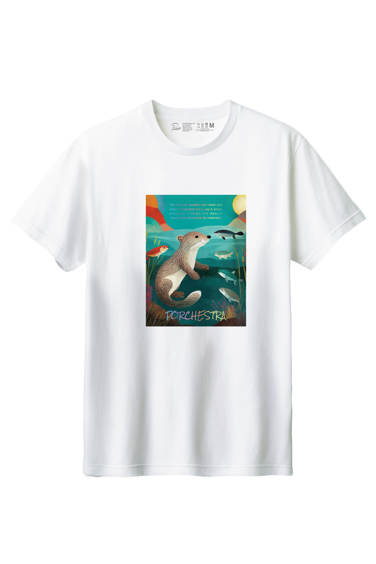 【PORCHESTRA】カラフルな魚と遊ぶカワウソが可愛い！/カワウソ＆フィッシュTシャツ -Otter & Fish Tee/cotton 100%/size:XS-XXL