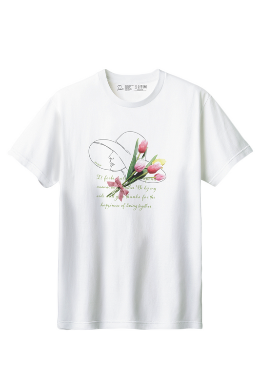 【PORCHESTRA】大人の魅力を引き出す花束Tシャツ！/チューリップと一筆書きの女性Tシャツ -Tulip and One Line Woman Tee/cotton 100%/size:XS-XXL