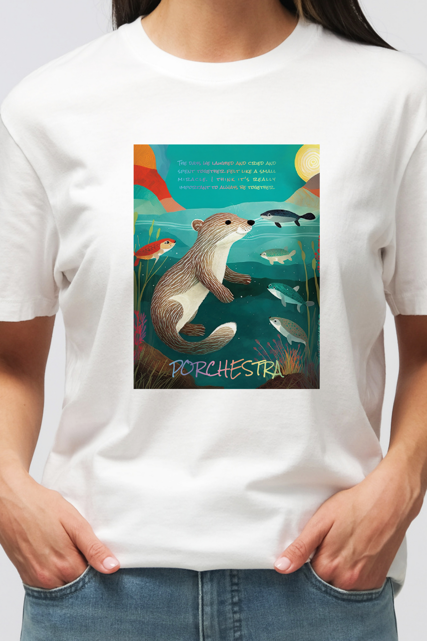 【PORCHESTRA】カラフルな魚と遊ぶカワウソが可愛い！/カワウソ＆フィッシュTシャツ -Otter & Fish Tee/cotton 100%/size:XS-XXL