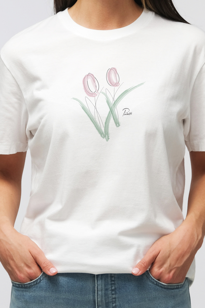 【PORCHESTRA】心癒される！手書き風チューリップTシャツ -Hand-drawn Tulip Tee/cotton 100%/size:XS-XXL