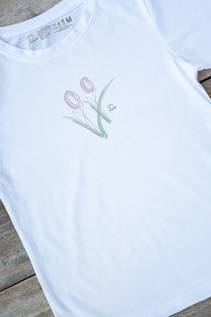 【PORCHESTRA】心癒される！手書き風チューリップTシャツ -Hand-drawn Tulip Tee/cotton 100%/size:XS-XXL